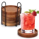 Set of 6 Acacia Wood Coasters with Holder