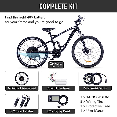 Viribus Electric Bike Conversion Kit, 1000W eBike Hub Motor Set, 26" Direct Drive Rear Wheel for 48V Battery E-Bike, Easy 26 Inch Bike Upgrade Creates 7 Speed 30mph Electric Bicycle with Pedal Assist