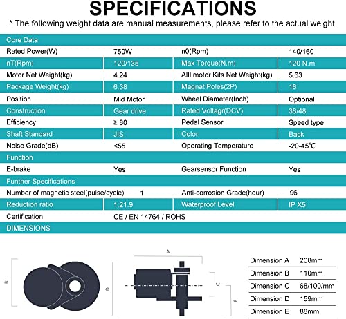 BAFANG BBS02B 48V 750W Mid Drive Electric Bike Motor Ebike Conversion Kit Mid-Mounted Engine for Mountain Bike Road Bicycle with Optional 48V 17.5Ah 18Ah and 48V 20Ah Battery
