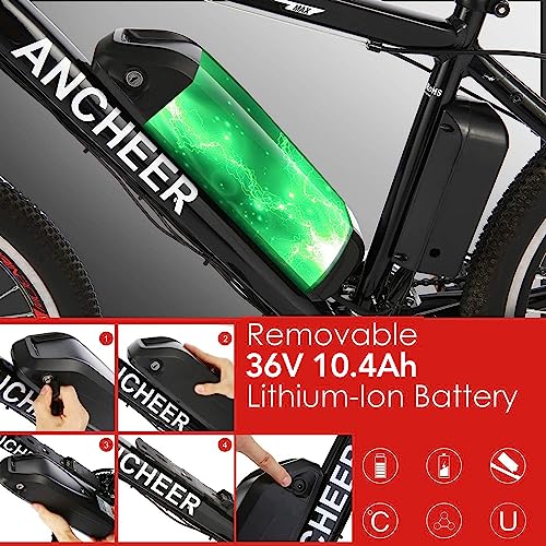ANCHEER 2019 Upgraded Electric Mountain Bike, 250/500W 26'' Electric Bicycle with Removable 36V 8AH/12 Ah Lithium-Ion Battery for Adults, 21 Speed Shifter (Black_Upgraded)