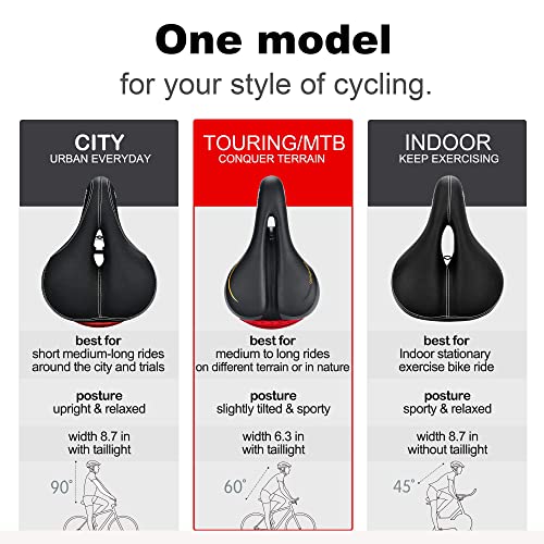 Comfortable Men Women Bike Seat - DAWAY C66 Foam Padded Leather Road Mountain Bicycle Saddle Cushion with Taillight, Waterproof, Soft, Breathable, Fit MTB, Most Bikes, for Everyone