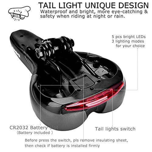 Comfortable Men Women Bike Seat - DAWAY C66 Foam Padded Leather Road Mountain Bicycle Saddle Cushion with Taillight, Waterproof, Soft, Breathable, Fit MTB, Most Bikes, for Everyone
