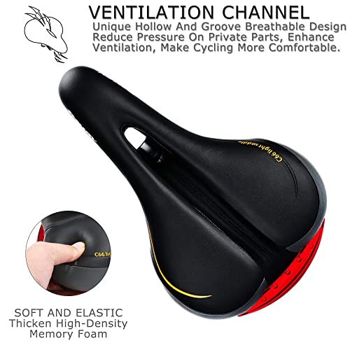 Comfortable Men Women Bike Seat - DAWAY C66 Foam Padded Leather Road Mountain Bicycle Saddle Cushion with Taillight, Waterproof, Soft, Breathable, Fit MTB, Most Bikes, for Everyone