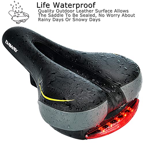 Comfortable Men Women Bike Seat - DAWAY C66 Foam Padded Leather Road Mountain Bicycle Saddle Cushion with Taillight, Waterproof, Soft, Breathable, Fit MTB, Most Bikes, for Everyone
