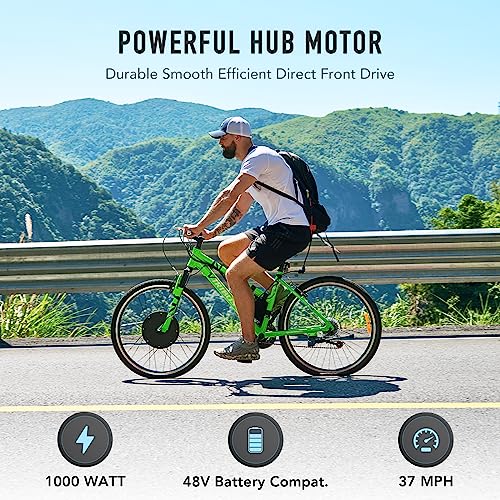 Viribus Electric Bike Conversion Kit, 1000W eBike Hub Motor Set, 26" Direct Drive Front Wheel for 48V Battery E-Bike, Easy 26 Inch Bike Upgrade Creates 5 Speed 30mph Electric Bicycle with Pedal Assist