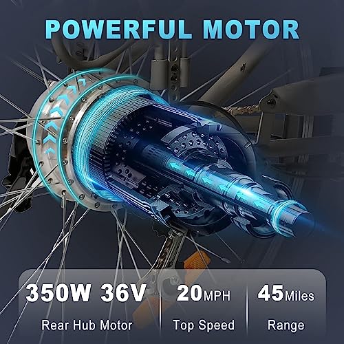 NAKTO 26" 250W Cargo Electric Bicycle Sporting Shimano 6 Speed Gear EBike Brushless Gear Motor with Removable Waterproof Large Capacity 36V10A Lithium Battery and Battery Charger