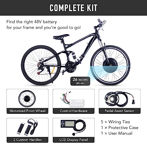 Viribus Electric Bike Conversion Kit, 1000W eBike Hub Motor Set, 26" Direct Drive Front Wheel for 48V Battery E-Bike, Easy 26 Inch Bike Upgrade Creates 5 Speed 30mph Electric Bicycle with Pedal Assist