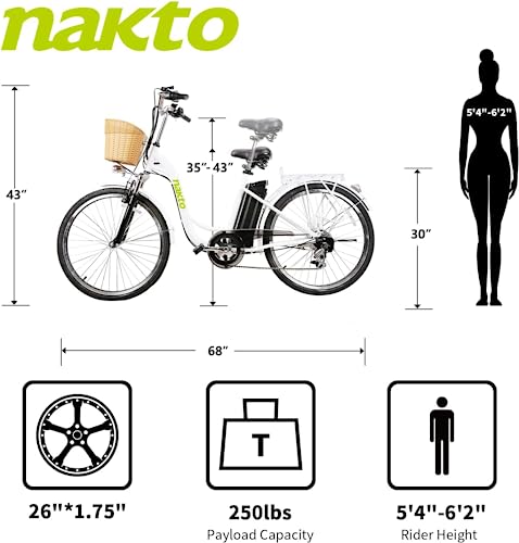 NAKTO 26" 250W Cargo Electric Bicycle Sporting Shimano 6 Speed Gear EBike Brushless Gear Motor with Removable Waterproof Large Capacity 36V10A Lithium Battery and Battery Charger