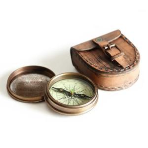 Antiqued Brass Poem Compass with Leather Case