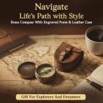 Antiqued Brass Poem Compass with Leather Case