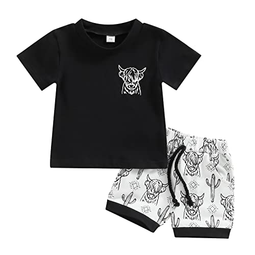 Engofs Toddler Western Baby Boy Summer Clothes Short Sleeve Cow Print T-Shirt Tops Shorts Set 2Pcs Casual Outfits Black 0-6 Months from 