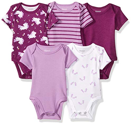 Hanes Ultimate Baby Flexy 5 Pack Short Sleeve Bodysuits, Purple Fun, 0-6 Months by Hanes