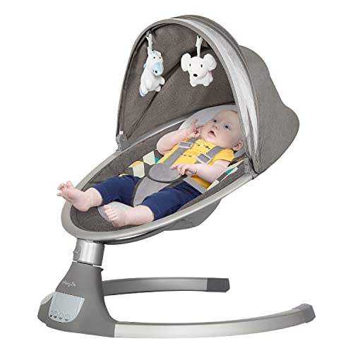 Dream On Me Zazu Baby Swing, Baby Swing for Infant, 5 - Swinging Speed, Two Attached Toys, Bluetooth Enabled and Remote Control, Grey and Blue by AmazonUs/DREAY