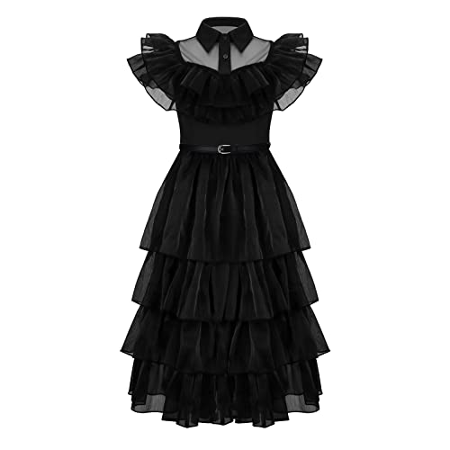 Kids Wednesday Addams Black Dance Dress with Belt Girls School Rave N Tulle Dress Halloween Cosplay Costume Party Outfit (Kids Dress, Small) from 