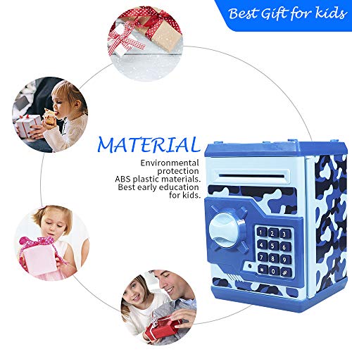 Suliper Electronic Piggy Bank Code Lock for Kids Baby Toy, Mini ATM Safe Coin Cash Banks Real Money Saving Box with Password, Auto Money Scroll for Children,Boys Girls Birthday Gift (Camouflage Blue) from Suliper