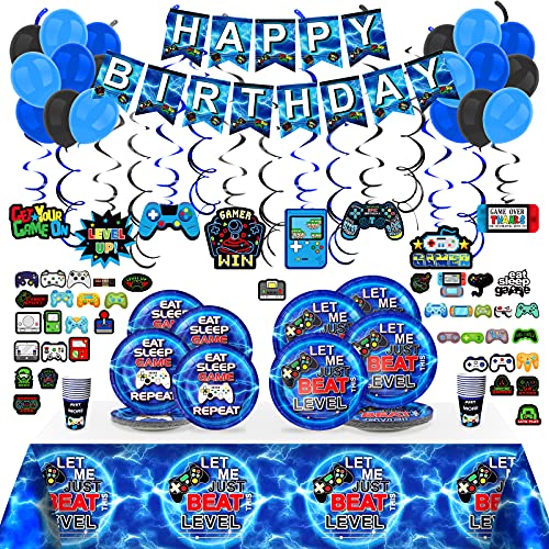 Video Games Birthday Party Supplies for 20 Guests, Blue Video Game Party Decorations Included 7' 9' Plates, Cups, Tablecloth, Birthday Banner, Hanging Swirl, Balloons, Stickers by kortes