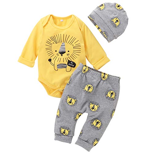 Newborn Baby Boy Clothes Little Lion Print Romper+Pants+Hat Newborn Boy Outfits Set(0-3 Months) from 