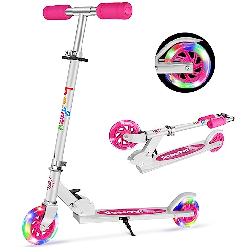 Beleev V1 Scooters for Kids 2 Wheel Folding Kick Scooter for Girls Boys, 3 Adjustable Height, Light Up Wheels for Children 3 to 14 Years Old (Pink) by BELEEV
