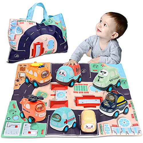 Baby Toy Cars for 1 Year Old Boy | 7 Set Push and Go Vehicles Friction Powered Cars Toy with Play Mat/Storage Bag for Toddlers | Early Educational Toys and Birthday Gift for 1 2 3 Years Old Boys Girls by Mengye