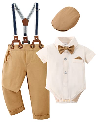 nilikastta Baby Boy Clothes Gentleman Outfits Suits, Infant Long Sleeve Shirts + Suspender Pants + Bowtie + Beret Hat 0-18M(Beige,6-12M) by 