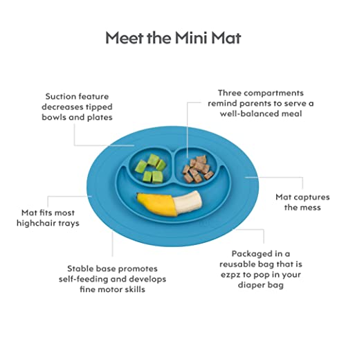 ezpz Mini Mat (Blue) - 100% Silicone Suction Plate with Built-in Placemat for Infants + Toddlers - First Foods + Self-Feeding - Comes with a Reusable Travel Bag by ezpz
