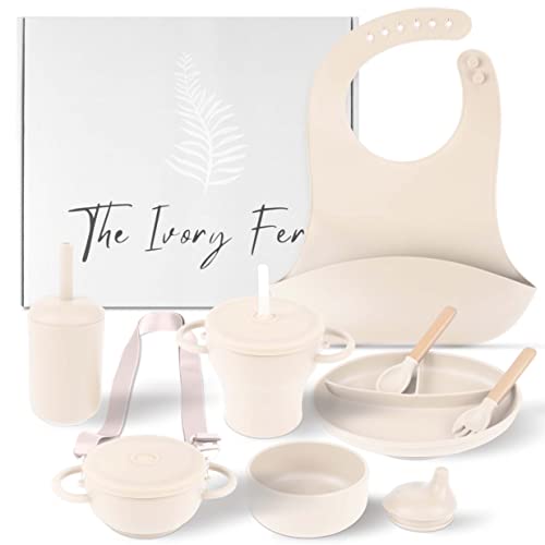 The Ivory Fern Silicone Baby Feeding Set, Baby Plates and Bowls Set, Bib, Convertible Drinking, Snack Cups with Straw, Portable Baby Feeding Supplies by 