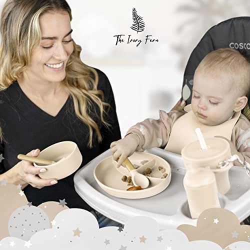 The Ivory Fern Silicone Baby Feeding Set, Baby Plates and Bowls Set, Bib, Convertible Drinking, Snack Cups with Straw, Portable Baby Feeding Supplies by 