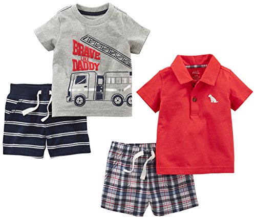 Simple Joys by Carter's Baby Boys' 4-Piece Playwear Set, Red Plaid/Fire Truck/Blue Stripe, 0-3 Months from Carter's Simple Joys - Private Label