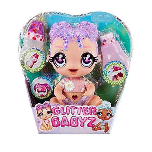 MGA Entertainment Glitter BABYZ Lila Wildboom Baby Doll with 3 Magical Color Changes, Purple Hair , Flower Outfit, Diaper, Bottle, Pacifier Gift for Kids, Toy for Girls Boys Ages 3 4 5+ Years Old by MGA Entertainment