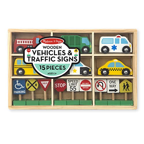 Melissa & Doug Wooden Vehicles and Traffic Signs With 6 Cars and 9 Signs from Melissa & Doug