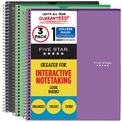 Five Star Interactive Notetaking, 1 Subject, College Ruled Spiral Notebooks, 100 Sheets, 11 x 8-1/2 inches, Customizable, 3 Pack (38591) by ACCO Brands