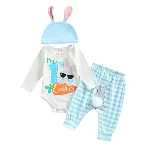 Easter Outfits Infant Baby Girls Boys First Easter Romper Bodysuit Striped Pants Hat Bunny Clothes 3PCS Set (White, 9-12 Months) from GOOCHEER