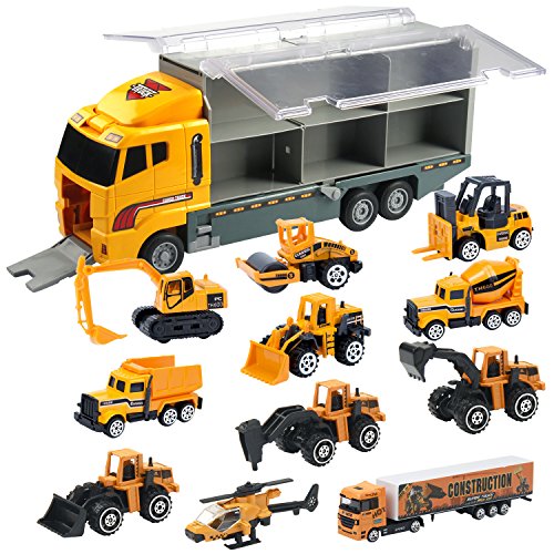 Oumoda 11 in 1 Transport Car, Die-cast Construction Truck Vehicle Car Toy Set Play Vehicles in Carrier Truck, Vehicles Toys Gifts for Age 6 + Years Old Kids, Boys and Girls by Oumoda