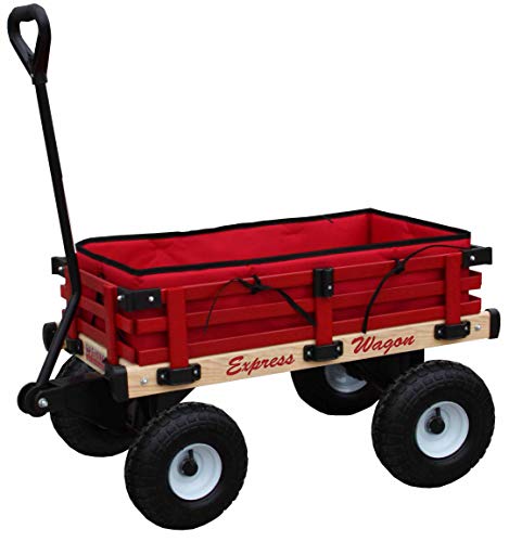 Millside Industries Wooden Express Wagon with 10 Inch Pneumatic Wheels, Red Floor Pad and Surrounding Pads by Millside Industries Inc