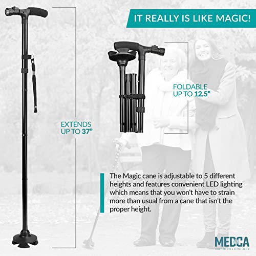 Walking Cane with Led Light - Adjustable 37 Inch Folding Canes and Walking Sticks, Collapsible Daily Mobility Canes with Rubber FeetÂ for Men and Women, Black by MEDca