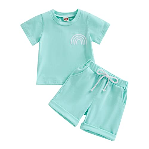 Newborn Baby Boys Girls Outfits Solid Short Sleeve Waffle Knit T-Shirt+Drawstring Shorts Toddler Kids Summer Clothes (Lake Blue, 12-18 Months) from MA&BABY