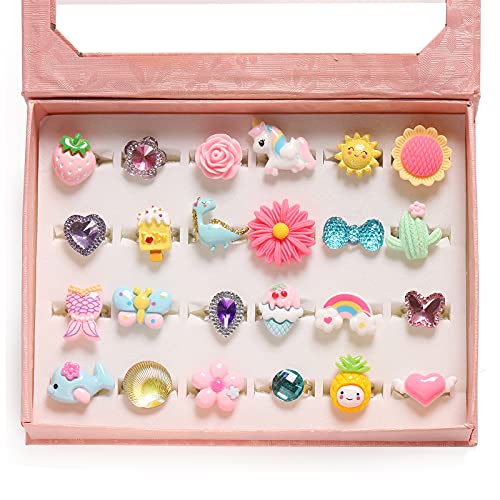 PinkSheep Little Girl Jewel Rings in Box, Adjustable, No Duplication, Girl Pretend Play and Dress Up Rings (24 Lovely Ring) by PinkSheep