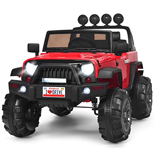 Costzon Ride on Car, 12V Battery Powered Electric Vehicle w/Parent Remote Control, Spring Suspension, Storage, 3 Speeds, LED Light, MP3, Music, USB & AUX Port, Safety Belt, Kids 4 Wheeler Truck, Red from Costzon