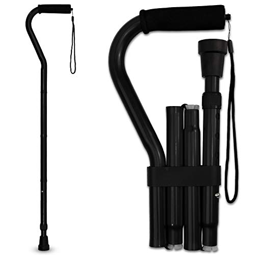 RMS Folding Cane with Offset Foam Handle, Adjustable Walking Stick with Carrying Pouch (Black) from Royal Medical Solutions