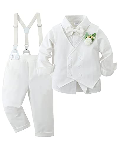 YALLET Toddler Baby Boy Clothes Suit Gentleman Wedding Outfits, Formal Dress Shirt+Bowtie+Vest+Boutonniere+Suspender Pants from 