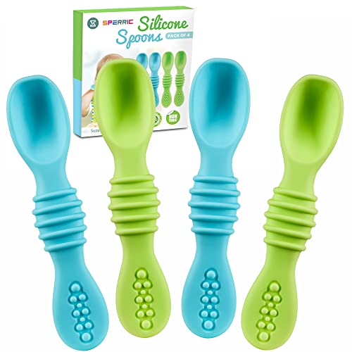Silicone Baby Spoons for Baby Led Weaning 4-Pack, First Stage Baby Feeding Spoon Set Gum Friendly BPA Lead Phthalate and Plastic Free, Great Gift Set (Blue) from Sperric