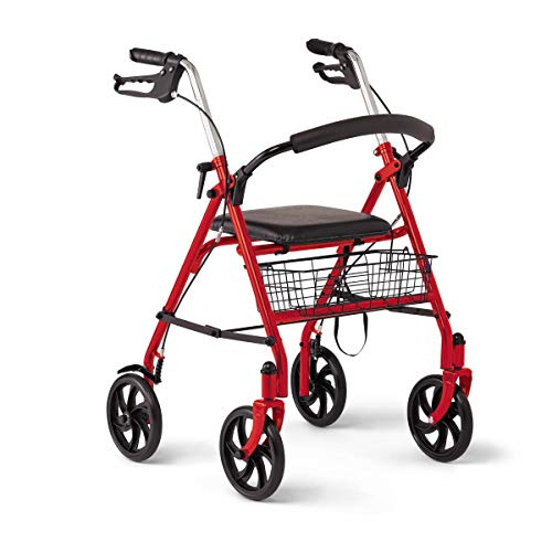 Medline Steel Rollator Walker with 8 Inch Wheels, Folding Rolling Walker, Adjustable Arms, Supports 300 lbs, Red by Medline Industries Healthcare