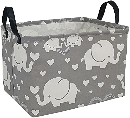 DUYIY Rectangle Canvas Storage Basket with Handle Large Organizer Bins for Dirty Laundry Hamper Baby Toys Nursery Kids Clothes Gift Basket (REC-Love Elephant) from DUYIY