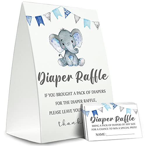 Diaper Raffle Sign,Diaper Raffle Baby Shower Game Kit (1 Standing Sign + 50 Guessing Cards),Elephant Bunting Raffle Insert Ticket,Baby Showers Decorations,Card for Baby Shower Game to Bring a Pack of Diapers-N05 from 
