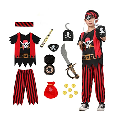 Pirate Costume for Kids, Halloween Party Pirate Costume Set Pretend Role Play Dress Up Party with Knife,Telescope,Hook from 