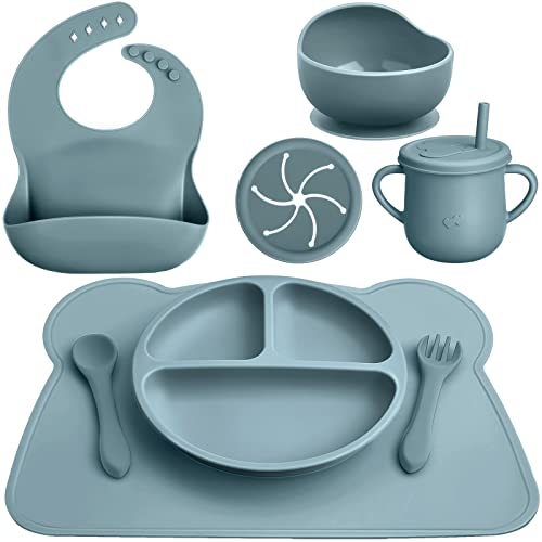8 Pack Baby Feeding Eating Supplies Silicone Suction Divided Plate Baby Bibs Suction Bowl Silicone Placemat Silicone Spoon and Fork Silicone Cup with Straw Baby Tableware Set for Toddler (Dusty Blue) by Newtay