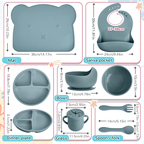 8 Pack Baby Feeding Eating Supplies Silicone Suction Divided Plate Baby Bibs Suction Bowl Silicone Placemat Silicone Spoon and Fork Silicone Cup with Straw Baby Tableware Set for Toddler (Dusty Blue) by Newtay