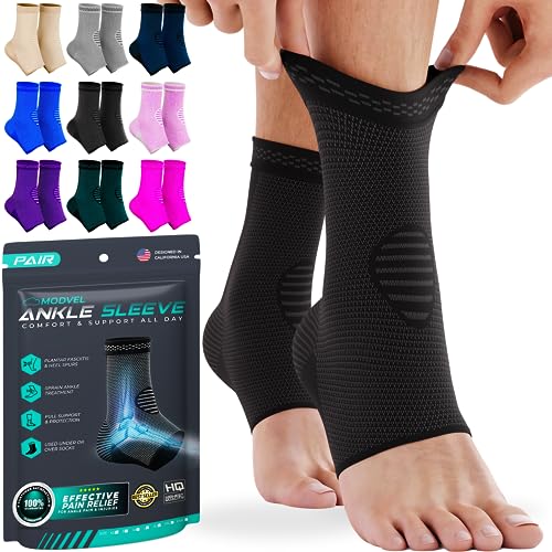 Modvel Ankle Brace for Women & Men - 1 Pair of Ankle Support Sleeve & Ankle Wrap - Compression Ankle Brace for Sprained Ankle, Achilles Tendonitis, Plantar Fasciitis, & Injured Foot - Medium, Black by Modvel