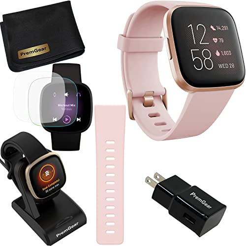 Fitbit Versa 2 Health and Fitness Smart Watch (Petal/Copper Rose) with Heart Rate Monitor, S & L Bands, Bundle with 3.3foot Charge Cable, Wall Adapter, Screen Protectors & PremGear Cloth from Bitbit-PremGear