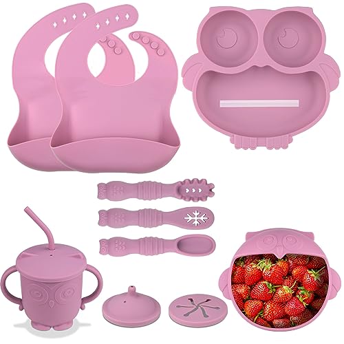 Silicone Baby Feeding Set, Baby Led Weaning Supplies with Suction Bowl Divided Plat, Baby Pre-Spoon and Fork, Adjustable Bib, Sippy Cup with Straw and Lid, Baby Utensils 6+Monthsï¼Pinkï¼ from Dongguan SHY Silicone Product Co.,LTD
